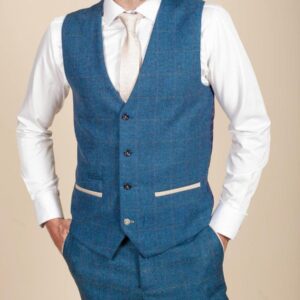 Marc Darcy Len Dion Blue Tweed Check Waistcoat